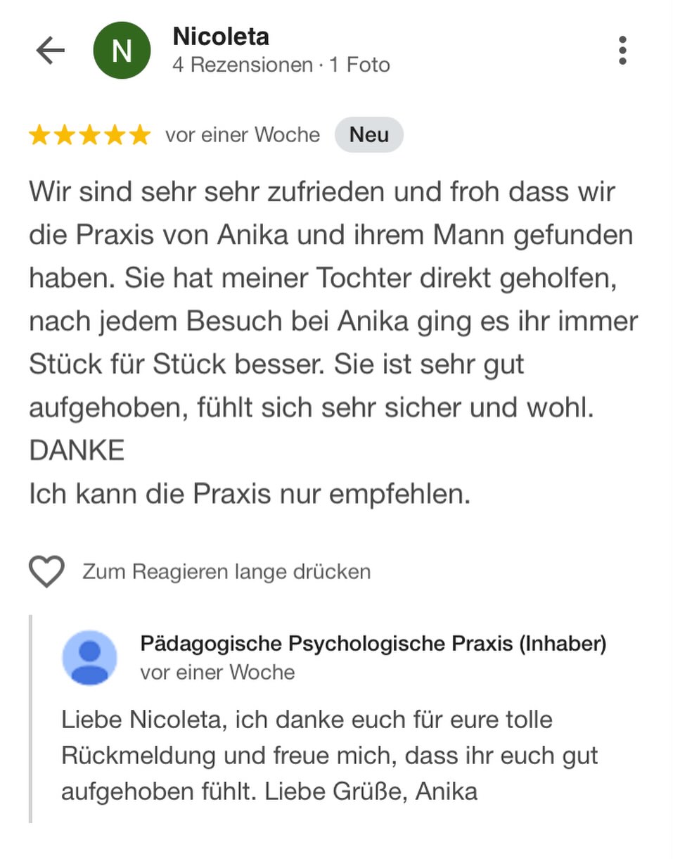 Eine neue 5-Sterne-Rezension für unsere Praxis! 🥳 Es erfüllt uns sehr, Menschen -und in diesem Fall Kinder - darin zu unterstützen, dass es ihnen wieder besser geht und sie gestärkt durchs Leben gehen können. #psychologie #Pädagogik #PraxisWaldesch #psychologischeBeratung #psychotherapie familienberatung starkeKinder